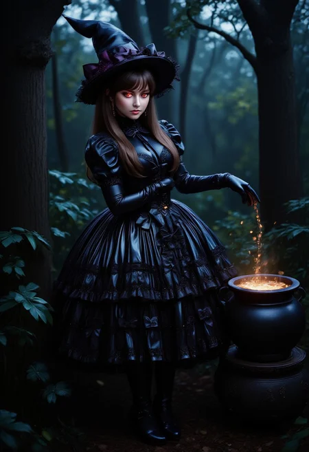 Professional cinematic highly detailed, CGI-rendered digital artwork depicting a beautiful witch wearing glossy frilly padded latex dress decorated with many bows and frills. Her long straight dark hair is decorated with many bows and witch themed accessories and she is wearing a large pointy witch hat. She is also wearing long latex gloves and cute high heeled mary janes. She is standing next to a cauldron in a dark forest and staring at the viewer with glowing eyes.
sweetegl, sweetop, swe3tjsk, bl0use, C0NTR4CT0R,
witch, (latex:1.2), gothic, night, glossy, shiny gleaming oily fabric, dark forest, witch cauldron, dark fantasy,
(shiny glossy latex clothing, gleaming oily latex fabric:1.1)