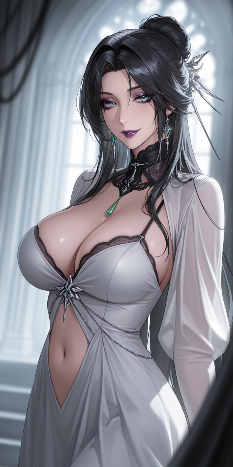 1girl, solo, long hair, looking at viewer, dress, green eyes, navel,gothic scenery, black hair,gothic makeup, hair_intakes, hair bun ,best, quality,masterpiece,amazing quality,very aesthetic,high resolution,ultra-detailed,,depth of field,volumetric lighting ,highly detailed,best quality,8k,best quality, very aesthetic, ultra-detailed, newest,BREAK, depth of field, masterpiece, amazing quality, high resolution, absurdres, newest, red eyessmirk,best,quality,masterpiece,amazing quality,very aesthetic,high resolution,ultra-detailed,,depth of field,volumetric lighting ,highly detailed,best quality,8k,best quality, very aesthetic, ultra-detailed, newest,BREAK, depth of field, masterpiece, amazing quality, high resolution, absurdres, newest, path to nowhere,Baddie, game cgi, from front