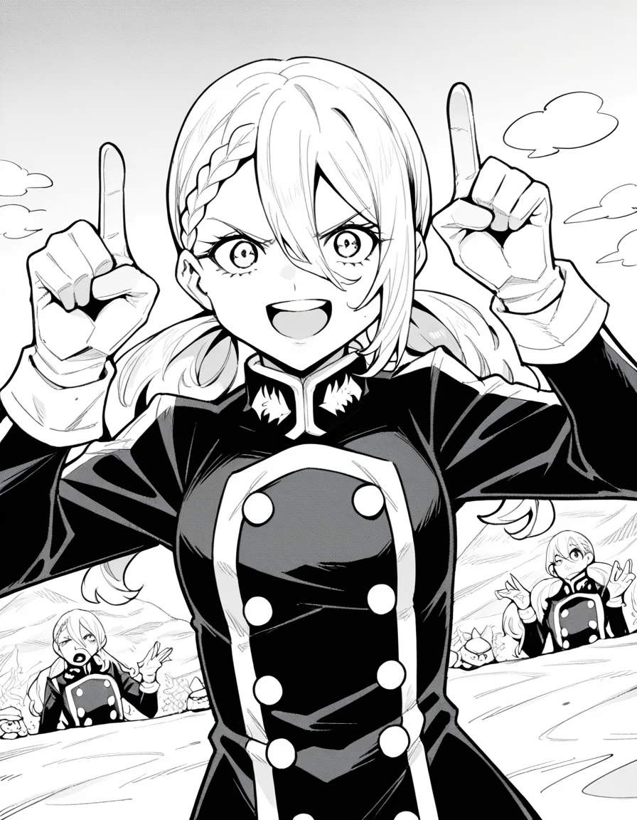 score_9, score_8_up, score_7_up, source_anime, <lora:varvara-pilipenko-manga-ponyxl-lora-nochekaiser:1>, varvara pilipenko, greyscale, monochrome, long hair, hair between eyes, braid, twintails,, gloves, uniform, military, military uniform, snow day, winter clothes, snowball fight, laughter, cold breath, white landscape, smile, <lora:horns-pose-ponyxl-lora-nochekaiser:1>, horns pose, index fingers raised, angry, steam, open mouth, shouting, anger vein,, looking at viewer, solo,, dutch angle, cowboy shot