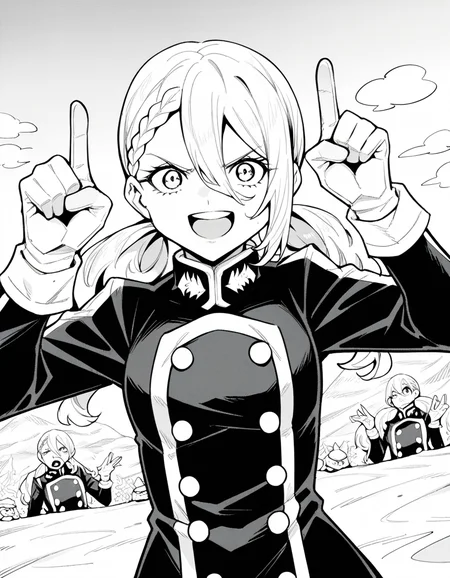 score_9, score_8_up, score_7_up, source_anime, <lora:varvara-pilipenko-manga-ponyxl-lora-nochekaiser:1>, varvara pilipenko, greyscale, monochrome, long hair, hair between eyes, braid, twintails,, gloves, uniform, military, military uniform, snow day, winter clothes, snowball fight, laughter, cold breath, white landscape, smile, <lora:horns-pose-ponyxl-lora-nochekaiser:1>, horns pose, index fingers raised, angry, steam, open mouth, shouting, anger vein,, looking at viewer, solo,, dutch angle, cowboy shot