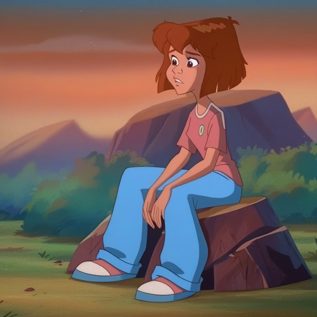 score_7_up, BREAK, BudgieFerngully, 1girl, solo, brown hair, short hair, brown eyes, shirt, blue pants, sitting on rock, outside,