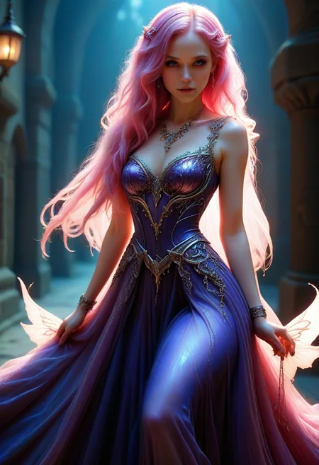 An epic photo of a magical CivChan, pink hair, purple eyes, wearing a long fantasy dress, DonM3lv3sXL, masterpiece, best quality, highly detailed, sharp focus, dynamic lighting, flux-style