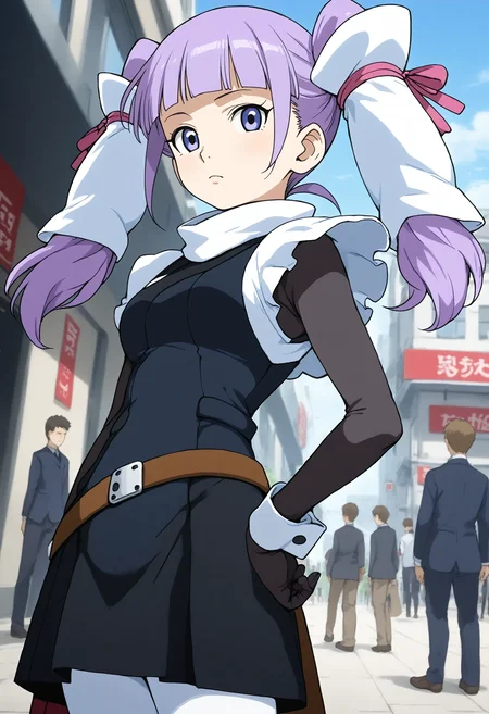 <lora:Hyper-SDXL-8steps-lora:1> <lora:Fixhands_anime_bdsqlsz_V1:1> zPDXL2, score_9, score_8_up, score_7_up, source_anime, intricate details, perfect anatomy BREAK
outdoors, city, tokyo, japan, audience, crowd, looking at viewer, upper body,  hand on own hip,  perspective ,pointing at viewer, dynamic angle , from side , Dopey, Wide-eyed, slack-jawed, and with a goofy expression., 1girl, solo, solo focus, 
<lora:GAGE-fram_nara_XL(pony)v10:1> GAGE-fram, purple hair, twintails, hair ornament, purple eyes, GAGE-fram outfit, black dress, white wrist cuffs, black gloves, black skirt, white pantyhose, black legwear, white shoes,