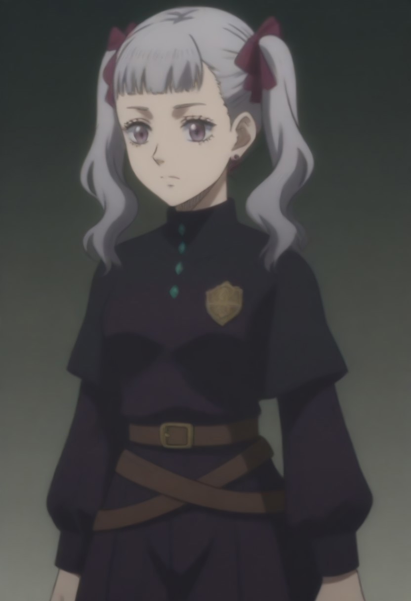 source_anime, anime screencap, source_anime, auratheguillotine, anime screencap, masterpiece, source_anime, shiny skin,,,,,,<lora:noellesilva-pdxl-nvwls-v1-000005:1> noelle silva, grey hair, purple eyes, twintails, hair ribbon, black capelet, green strap, white and purple dress, long sleeves, belt,
