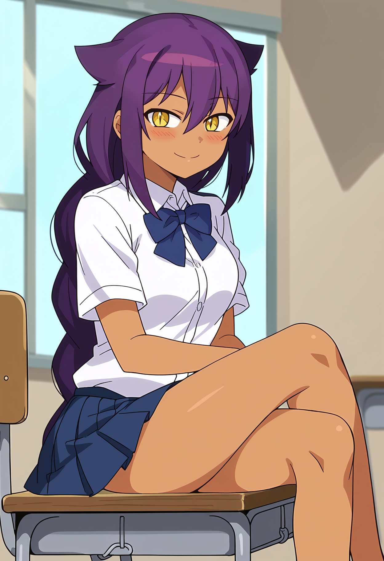 score_9, score_8_up, <lora:TheGreatJahySamaXL_Exotica:1>, 1girl, solo, very long purple hair, medium breasts, hair between eyes, yellow eyes, single braid, sidelocks, dark skin, dark-skinned female, slit pupils, hair flaps, school uniform, classroom, sitting on a desk, crossed legs, blush, embarrassed smile, anime screencap, anime coloring, source_anime