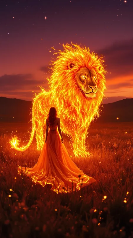A glowing meadow at twilight, where an ethereal woman in a flowing, fiery orange dress walks gracefully, her impossibly long train flickering like flames. Beside her strides a massive fire lion, its mane made entirely of roaring flames that illuminate the meadow in warm, golden light. The sky is painted in shades of deep purple and crimson, with stars beginning to twinkle above. The fire lion’s molten eyes and the woman’s serene, glowing presence create a harmonious, mystical scene rendered in breathtaking 8K detail, capturing the vibrant textures of fire, fabric, and nature.