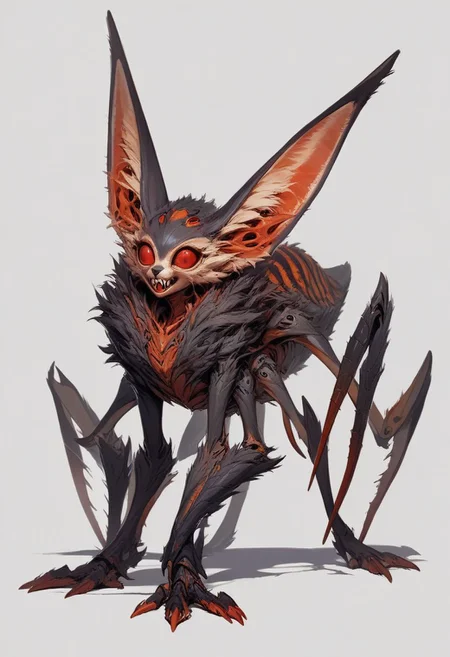 score_9, score_8_up, source_anime, anthropomorphic, unusual creature, creature, concept art, creature, concept art, creature, beautiful alien, anthropomorphic, adorable alien, 1girl, science fiction, Fennec ears, one red eye, sharp teeth, four arms, four legs, insectoid, fluffy, big claws, on all fours