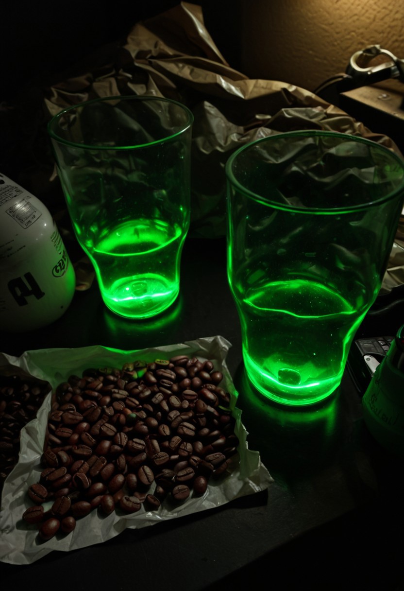 clutter, trash, green glass, red goo, backlit, back lit, batteries, electronics, 18650, table, light bulbs, messy, plastic bag, close-up, randomness, cat ears, coffee beans, front view, indoor, low key, dark