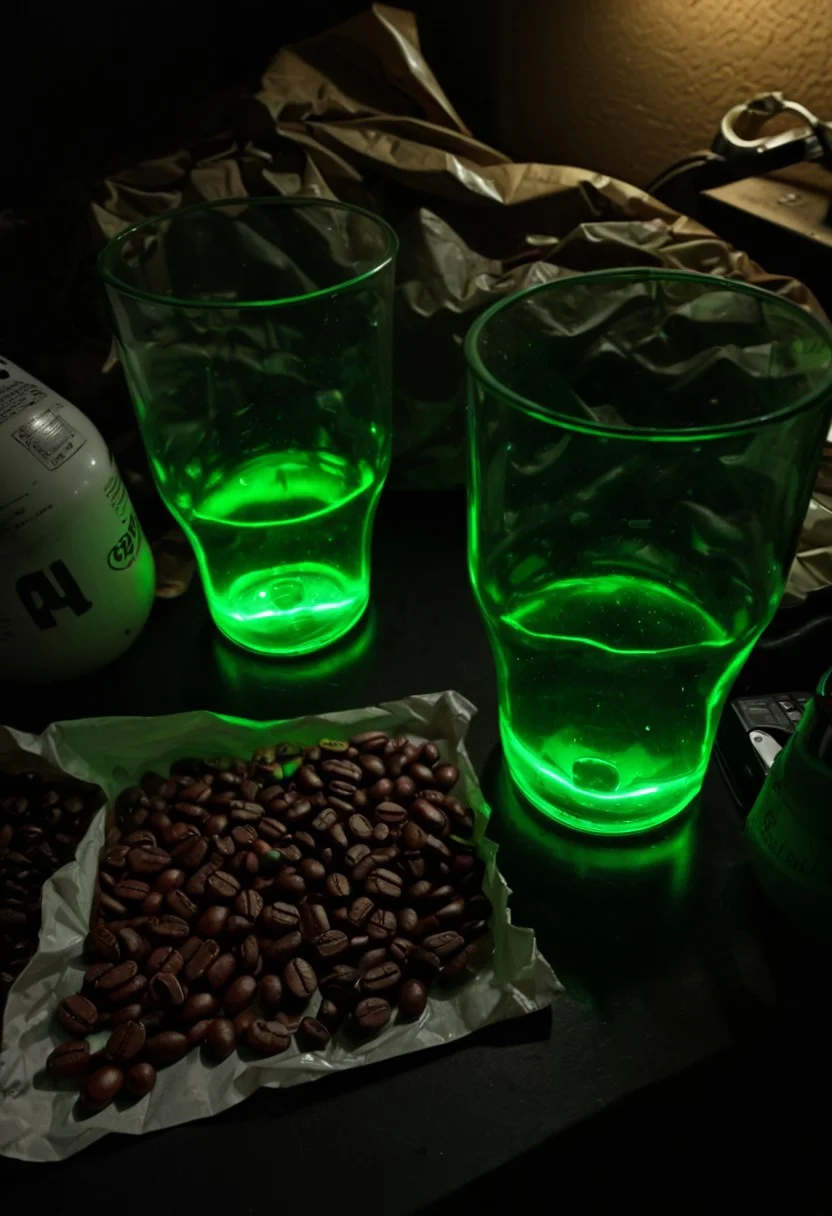 clutter, trash, green glass, red goo, backlit, back lit, batteries, electronics, 18650, table, light bulbs, messy, plastic bag, close-up, randomness, cat ears, coffee beans, front view, indoor, low key, dark