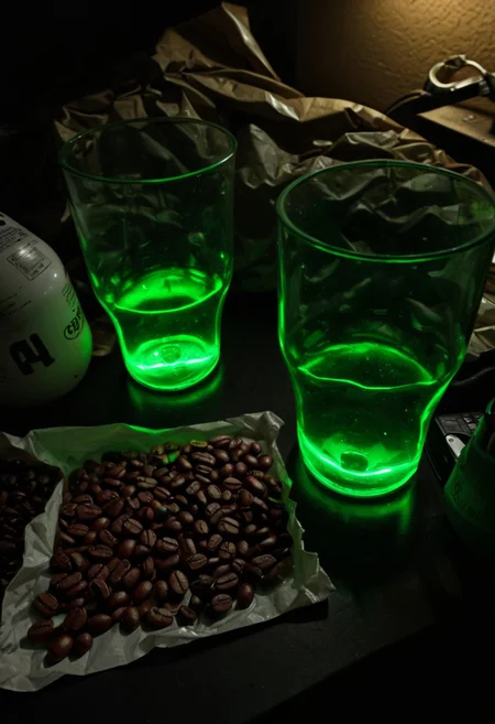 clutter, trash, green glass, red goo, backlit, back lit, batteries, electronics, 18650, table, light bulbs, messy, plastic bag, close-up, randomness, cat ears, coffee beans, front view, indoor, low key, dark