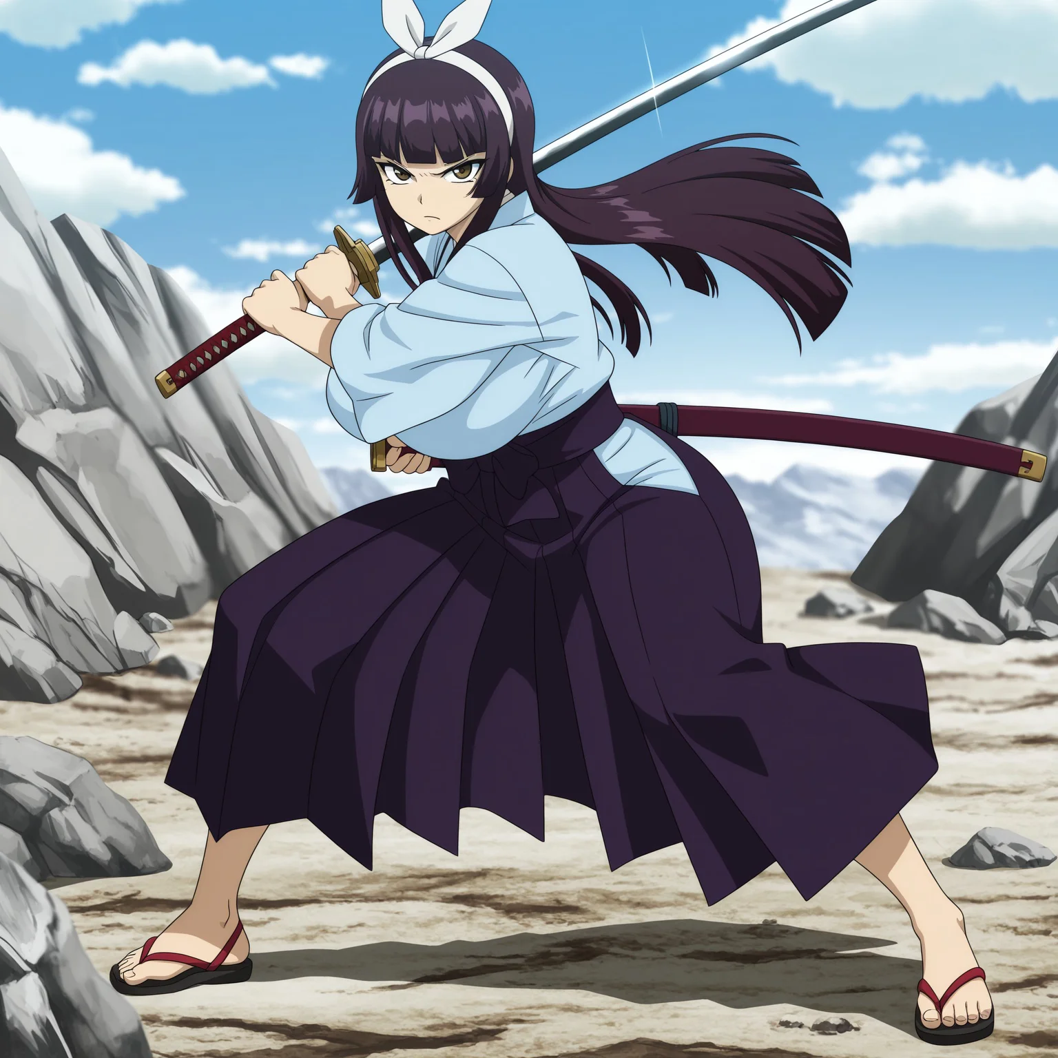 masterpiece, best quality, amazing quality, masterpiece, best quality, amazing quality, masterpiece, best quality, amazing quality, masterpiece, best quality, amazing quality, very aesthetic, high resolution, ultra-detailed, Kagura,dark Brown purple hair Bangs, Hime_cut, long hair,hair_band, bow, blunt_bangs, sidelocks,Brown eyes, black eyeliner, (huge_breasts:1.2, curvy_hips), shinny body, shinny skin, anime screencap, anime coloring,weapon, sword,1girl, solo, japanese_clothes, fighting_stance, katana, sandals, skirt, outdoors, holding, sheath, looking_at_viewer, holding_weapon, day, sash, holding_sword, kimono, sky, serious, rock, white_hairband, hakama, cloud, hakama_skirt, full_body,bow, japanese_clothes,detached_sleeves, japanese_clothes, kimono, blue_kimono, sash,, <lora:9bef0722-1293-4f4d-836c-a5c5bc6236b1:0.7>