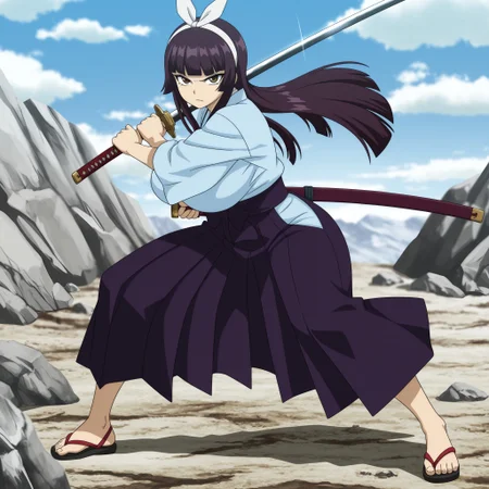 masterpiece, best quality, amazing quality, masterpiece, best quality, amazing quality, masterpiece, best quality, amazing quality, masterpiece, best quality, amazing quality, very aesthetic, high resolution, ultra-detailed, Kagura,dark Brown purple hair Bangs, Hime_cut, long hair,hair_band, bow, blunt_bangs, sidelocks,Brown eyes, black eyeliner, (huge_breasts:1.2, curvy_hips), shinny body, shinny skin, anime screencap, anime coloring,weapon, sword,1girl, solo, japanese_clothes, fighting_stance, katana, sandals, skirt, outdoors, holding, sheath, looking_at_viewer, holding_weapon, day, sash, holding_sword, kimono, sky, serious, rock, white_hairband, hakama, cloud, hakama_skirt, full_body,bow, japanese_clothes,detached_sleeves, japanese_clothes, kimono, blue_kimono, sash,, <lora:9bef0722-1293-4f4d-836c-a5c5bc6236b1:0.7>