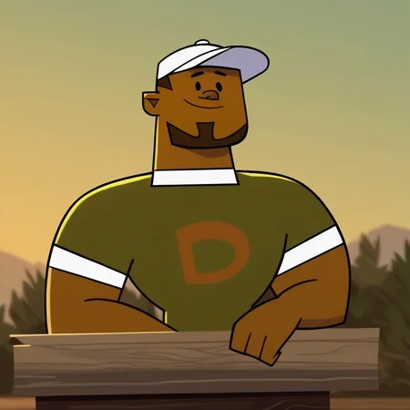 score_9_up, score_8_up, score_7_up, high quality, detailed, source_furry, male, solo male, 1boy, broad shoulders, mature male, black eyes, muscular male, cartoon style, athletic build, slim build, human, dark skinned male, short hair, facial hair, goatee, white cap, green shirt, looking at viewer, smiling, bust shot, outdoors, campsite