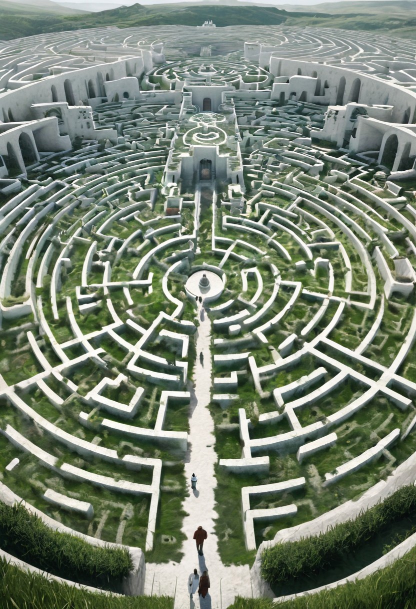 castle , A traveler contemplates a gigantic labyrinth made up of dozens of white, grass, medical towers.