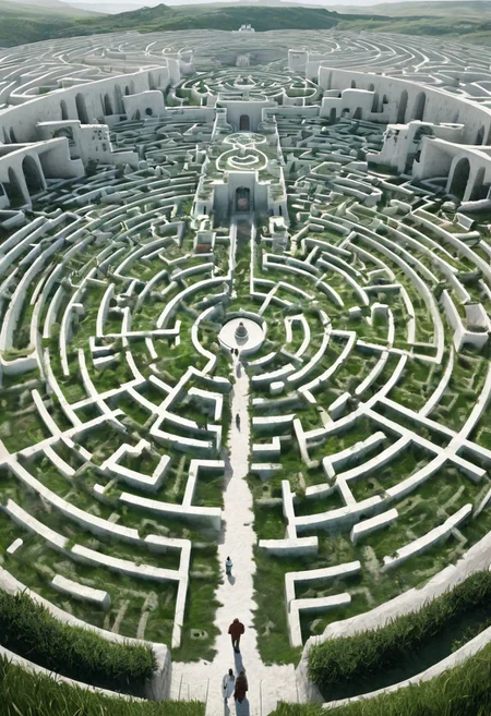castle , A traveler contemplates a gigantic labyrinth made up of dozens of white, grass, medical towers.
