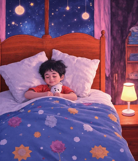 A vibrant, digitally illustrated artwork in a whimsical, storybook cartoon style. The scene captures the cozy charm of a child’s bedroom, bathed in a warm and dreamy glow of pink and purple hues. At the heart of the composition, a young boy with dark blue, slightly tousled hair sleeps peacefully on his side, his expression serene, with a faint, contented smile. His face rests gently on a plush, oversized light blue pillow, while he is snugly tucked under a vivid blue bedspread adorned with a playful pattern of yellow and orange stars.

Beside him, nestled under the covers, is a small, endearing Alvoka bear with soft, snowy white fur. The Alvoka snoozes comfortably, its round, button-like nose and tiny paws peeking out, adding to the heartwarming tranquility of the scene.

The room exudes warmth and detail, featuring a sturdy wooden headboard framing the bed. In the background, a large window reveals a breathtaking view of a starry night sky, the stars twinkling brightly against a velvety indigo expanse. Purple and pink striped curtains drape elegantly around the window, enhancing the dreamy atmosphere. Below the window sits a red nightstand with a whimsical lampshade decorated with a golden star motif. The nightstand also holds two colorful books stacked neatly beside a framed photograph of a cheerful, smiling flower.

The entire illustration is polished with a smooth, soft-textured aesthetic. Gentle gradients and meticulous shading create a subtle three-dimensional depth, while the color palette radiates a harmonious blend of warm and cool tones, emphasizing the magical and serene ambiance of this bedtime scene.


Alvoka, ff-enhance, minimalism, aidmaMJ6.1