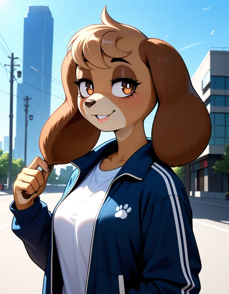 masterpiece, best quality, very aesthetic, absurdres,
outdoors,
upper body,  
t-shirt, jacket, 
seductive smile, parted lips, long eyelashes,
 <lora:Anna_Holiday_v01_NAIXL:1>
4nn4h,1girl,solo,furry,furry female,a girl,dog ears,long ears,brown hair,short hair,brow eyes,snout,animal nose,body fur,brown fur,