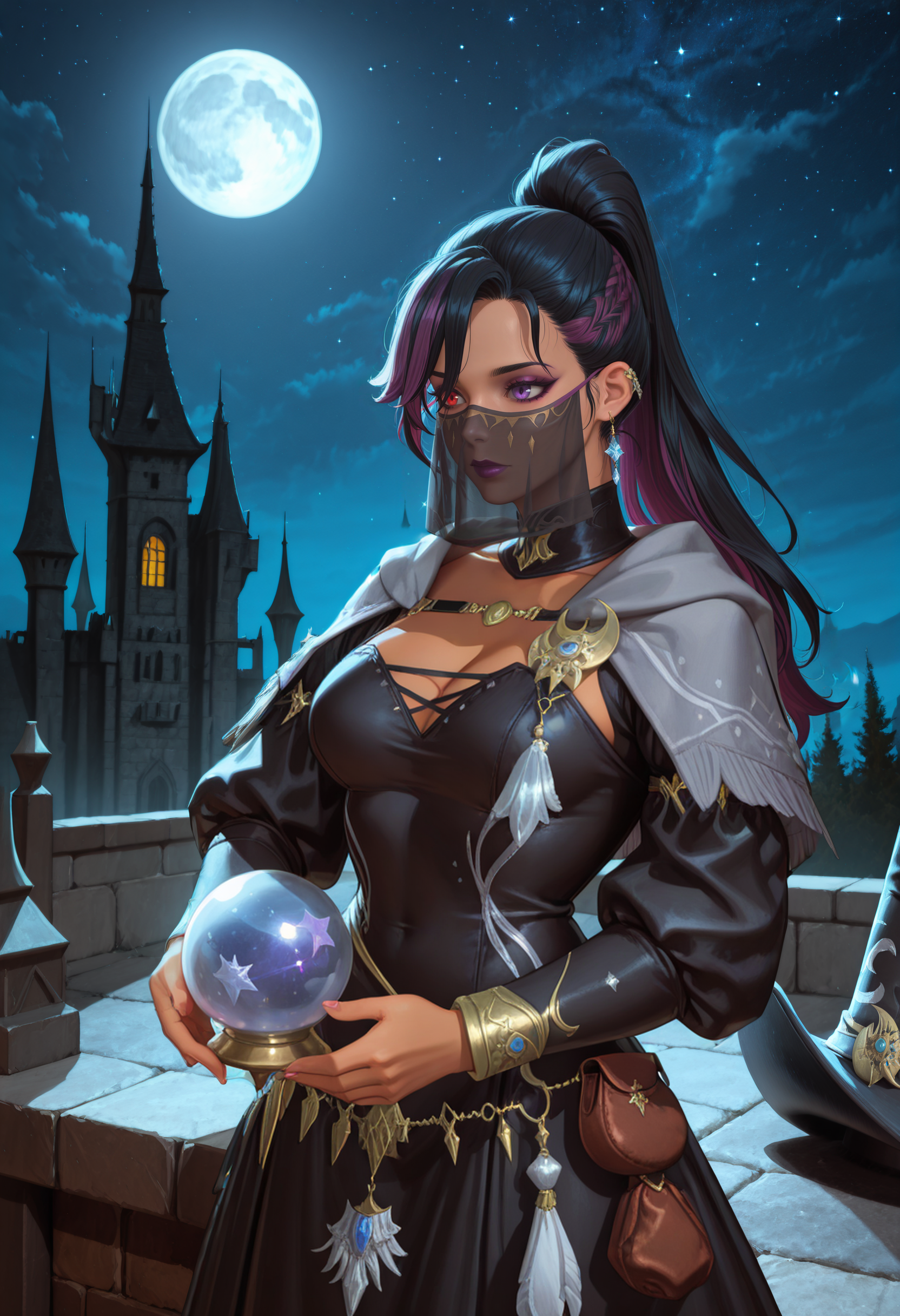<lora:cfg_scale_boost:.7>, masterpiece, best quality, absurdres, highres, newest, night, castle, holding crystal ball, holding tarot card,cowboy shot, standing, on roof, full moon,  starry sky, 
<lora:Armet_Daraco_IL:.75> hyurarmet, heterochromia, red eyes, purple eyes, eyeshadow, purple lipstick,cleavage, medium breasts, long hair, multicolored hair, black hair, purple hair,streaked hair, two-tone hair, (dark-skinned female:1.5), high ponytail,
 welkin, jewelry, standing, puffy sleeves, welkin robe, capelet,  belt pouch,  mouth veil,<lora:Welkin_IL:.75>,welkin hat, crescent, wide brim, (unworn headwear:1.5),