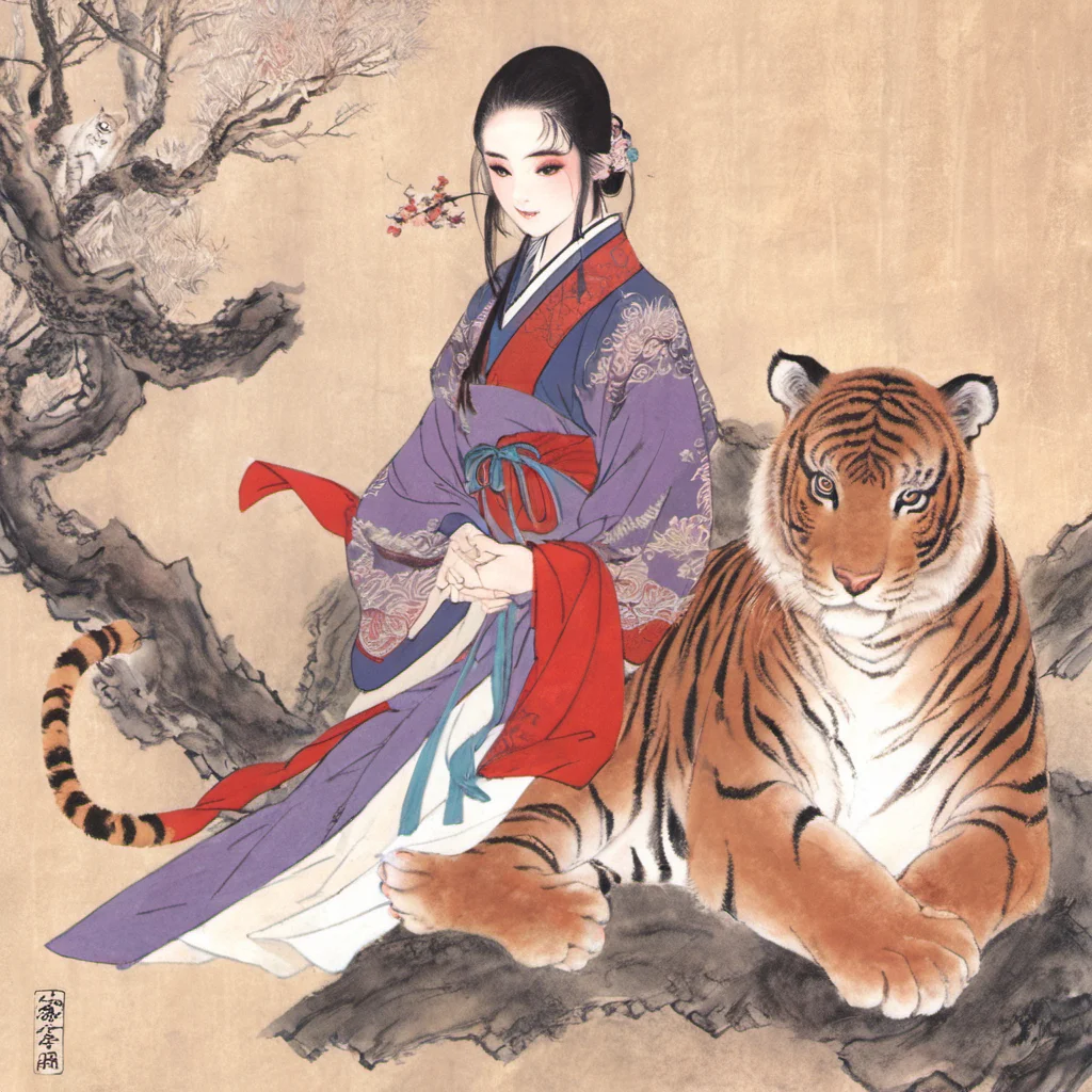SumeragiNatsuki, (best quality), (masterpiece), 1girl, hanfu, tiger, forest