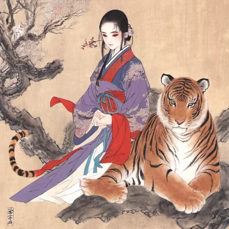 SumeragiNatsuki, (best quality), (masterpiece), 1girl, hanfu, tiger, forest