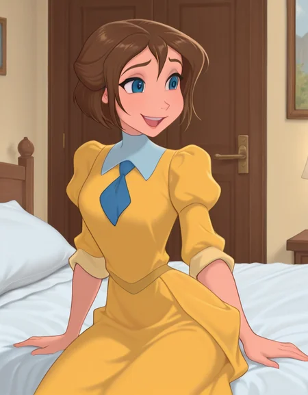 masterpiece, best quality, amazing quality, very aesthetic, absurdres, newest, detailed background, cowboy shot, 4k, 8k, indoors, bedroom, sitting, on bed,
janexd, 1girl, brown hair, solo, smile, short hair, open mouth, puffy sleeves, blue eyes, yellow dress, blue necktie
<lora:Jane_Porter_-_Disney_Illustrious:1>