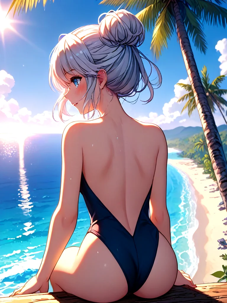 ((score_9, source_anime)), ((1girl sitting in palm tree)), (high sky), floating hair, black lace one-piece swimsuit, sweat, shy, blush, parted lips, ocean, beach, sky, wind, cloud, sideboob, sidelocks, white hair, wavy hair, updo, all fours, bent over, <lora:girllikepalmtree_pony:0.9>