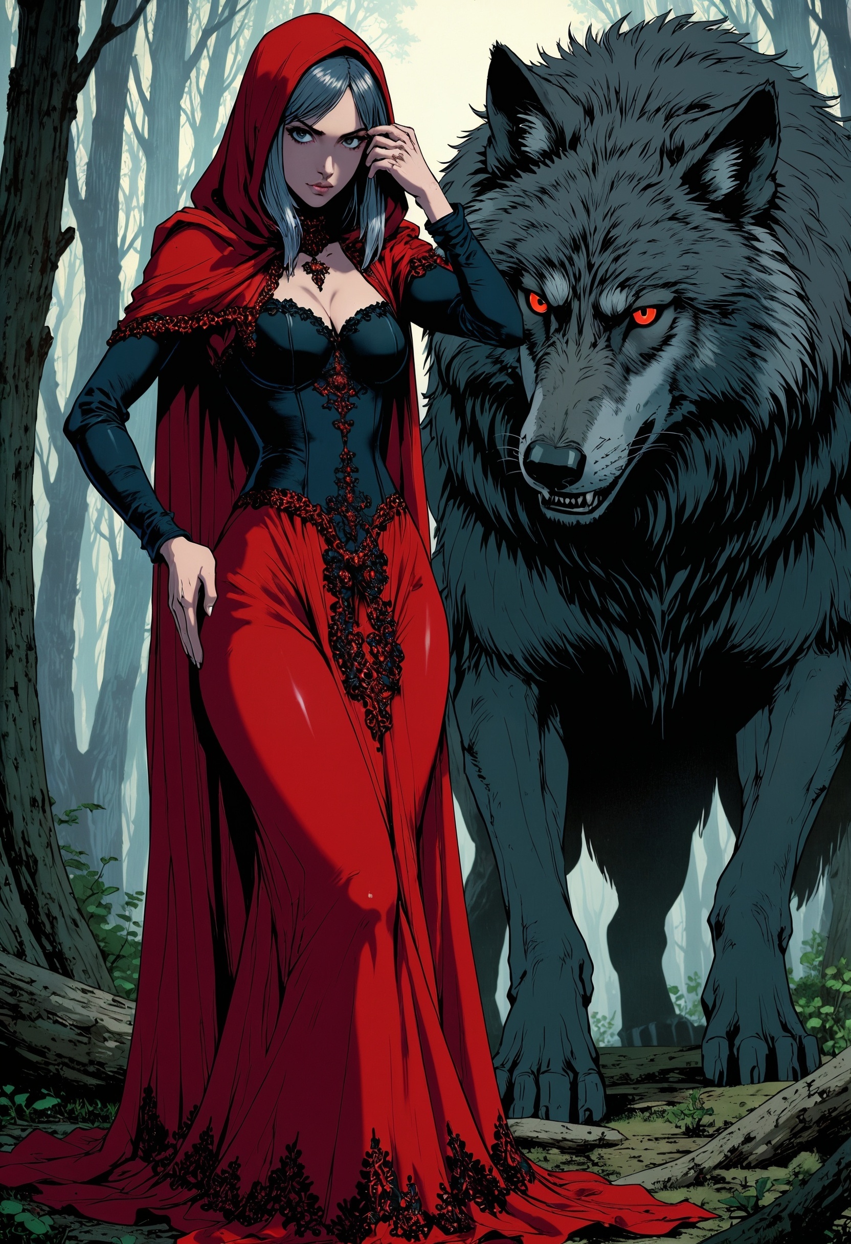MythR3tr0, Highly detailed and dramatic digital artwork featuring a young woman and a large wolf in a misty forest. The woman has pale skin and long dark hair, partially covered by a red hooded cloak. Her attire includes a corset and a flowing red skirt with black lace details. She stands confidently with one hand on her hip and the other touching her hood. The wolf beside her is enormous, with a thick, dark gray fur coat and striking red eyes, exuding a sense of power and mystique. The background is a foggy forest, adding an ethereal atmosphere to the scene. The image is detailed and vibrant, with a focus on the contrast between the red of the woman's cloak and the muted tones of the forest and wolf.
<lora:FluxMythR3tr0Style:1>