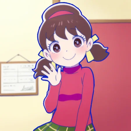 masterpiece,best quality,amazing quality,general, <lora:girlygirlyoso:1>1girl, solo, blush, smile, brown hair, ribbon, twintails, brown eyes, hair ribbon, hairband, turtleneck, low twintails, short twintails, totoko, green skirt, plaid skirt, smile, waving,