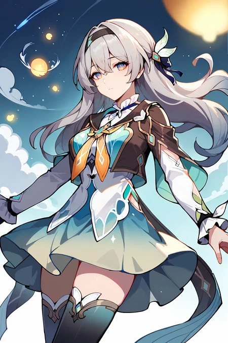 score_9, score_8_up, score_7_up, 1girl, firefly \(honkai: star rail\), solo, black thighhighs, hairband, gradient skirt, hair ornament, blouse, frilled collar, cropped jacket, yellow neckerchief, flying, midair, cowboy shot, expressionless, looking at viewer, night, floating hair, planet, dreaming, cloud, backlighting, depth of field <lora:Char-HonkaiSR-Firefly-V1-Pony:0.9> <lora:Expressive_H:0.6> <lora:odanon_style_v2:0.4>