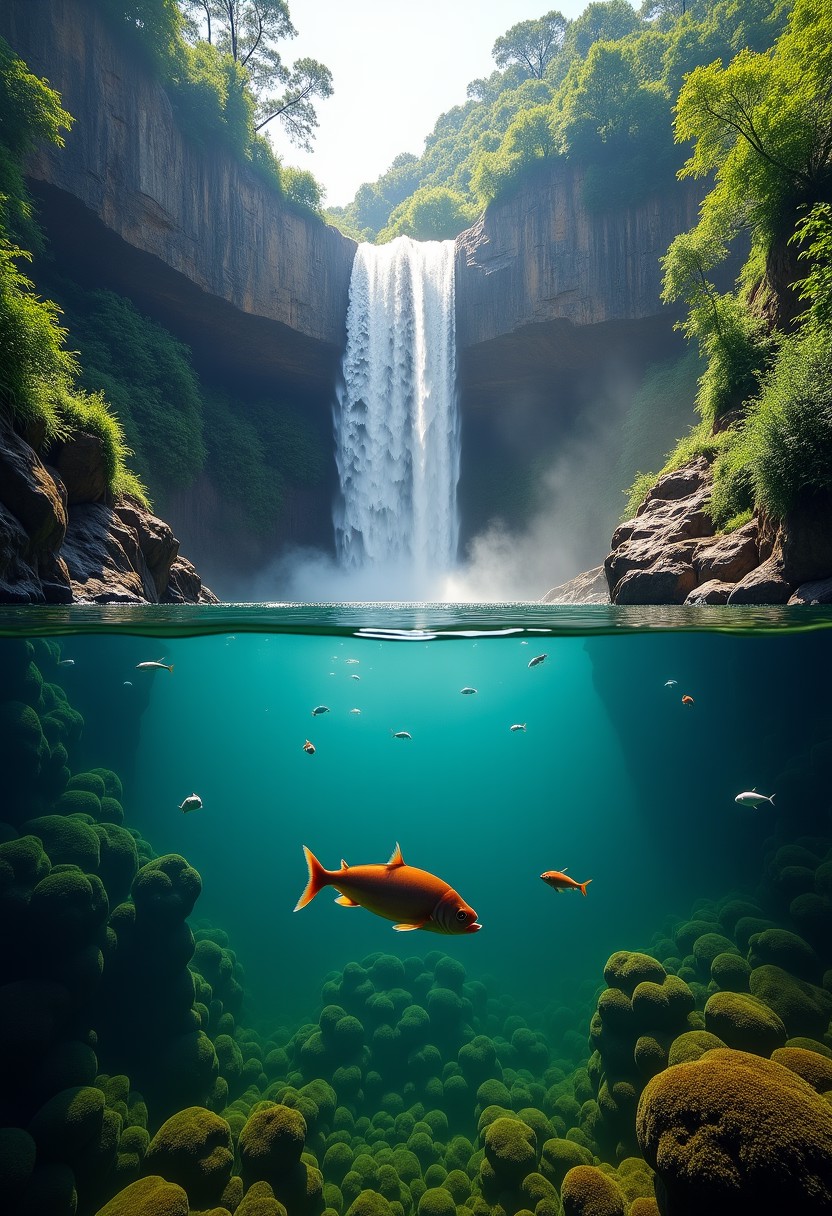 Magnificent waterfall falling into an immense, very deep natural rock basin filled with crystal clear water, in a setting of an exuberant equatorial forest invaded by vegetation, split shot, half underwater, shiny fishes swimming among algae and aquatic plants. One piranha in the foreground