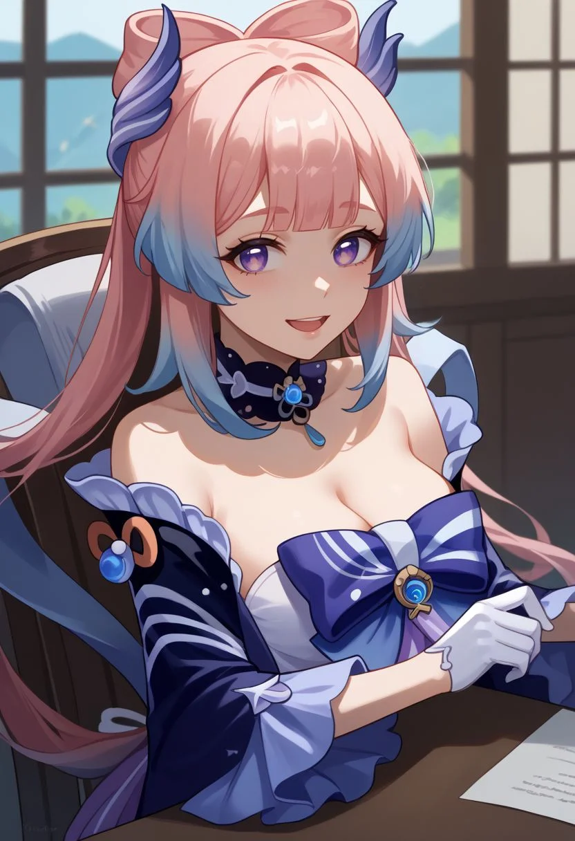 score_9, score_8_up, score_7_up, source_anime, 1girl, kokomidef, purple eyes, pink hair, long hair, gradient hair, multicolored hair, sidelocks, blunt bangs, bow-shaped hair, hair ornament, choker, blue bow, bowtie, vision (genshin impact), detached collar, bare shoulders, detached sleeves, frills, frilled sleeves, wide sleeves, long sleeves, white gloves, half gloves, navel, white shorts, short shorts, white thighhighs, sitting, on chair, table, head rest, elbow rest, smile, open mouth, looking at viewer, indoors, portrait, close-up, upper body, facing viewer, <lora:Kokomi_v1-000010:1>