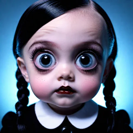 <lora:add-detail-xl:0.8> Baby dressed as Wednesday Addams sitting in a pram in the style of the Addams family glowing eyes, multiple facial expressions, cinematic quality, cinematic lighting, 128k, 1080p, hyper realistic details, Canon EOS 1200p, neon, black light,DSLR, maxim, pastel colour palette,(mark ryden 1.3) <lora:bigeyes-xl-v1:0.8> big eyes, anime eyes