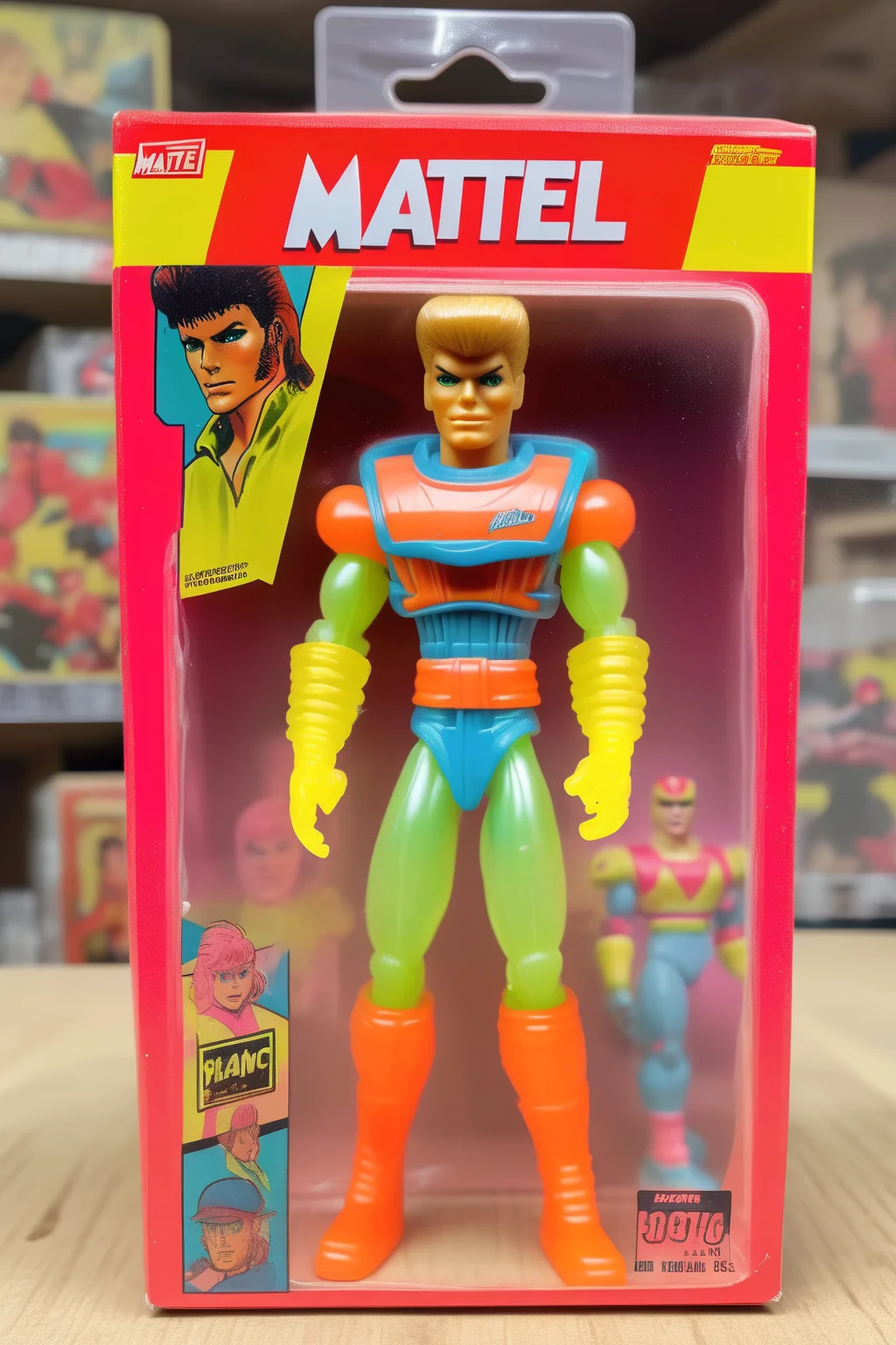 <lora:1987 Action Figure Playset Packaging:1>1987 Action Figure Playset Packaging - 90s Mattel toy action figurine in front of its box packaging clear plastic