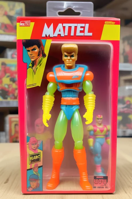 <lora:1987 Action Figure Playset Packaging:1>1987 Action Figure Playset Packaging - 90s Mattel toy action figurine in front of its box packaging clear plastic