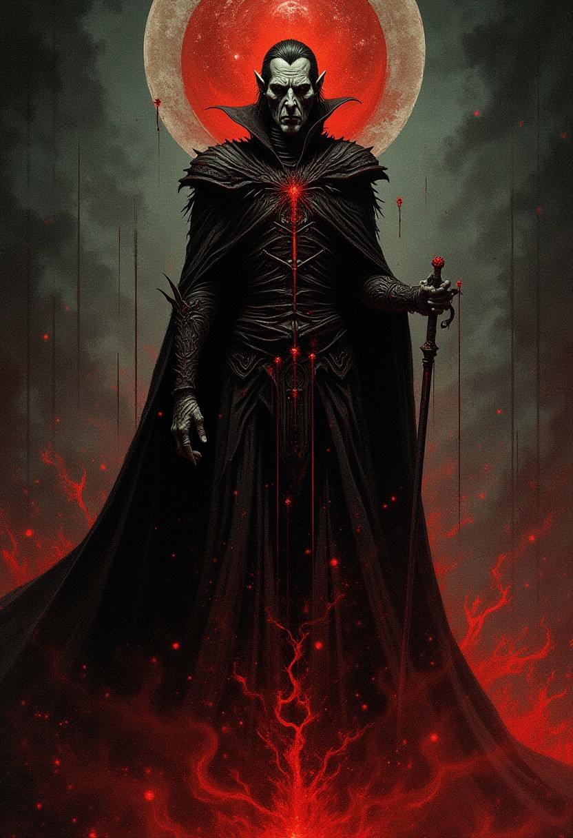 DNdGr41nyB0yz style, dark fantasy illustration  of  count Dracula Vampire lord . Dark raging fires, grainy, noise