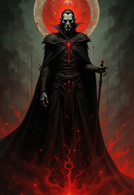 DNdGr41nyB0yz style, dark fantasy illustration of count Dracula Vampire lord . Dark raging fires, grainy, noise