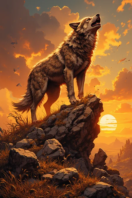 A massive gray wolf, its fur fluffed in fury, lets out an ear-piercing howl as it stands atop a craggy rock formation at sunset, the warm orange glow casting a dramatic shadow across its snarling face. The wind-whipped grass and jagged boulders below accentuate the wolf's imposing stature.