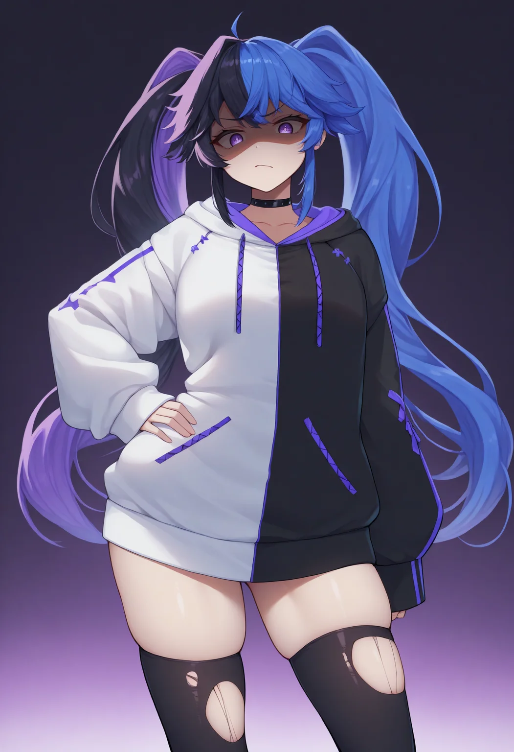 masterpiece, best quality, 1girl, solo, Ks0nGth, long hair, twintails, multicolored hair, split-color hair, blue hair, black hair, purple hair, black choker, two-tone hoodie, white hoodie, black hoodie, sleeves past wrists, black thighhighs, torn thighhighs, looking at viewer, looking down, shaded face, hand on hip, contrapposto, skindentation, <lora:ChamKsonIllustriousXL:1>