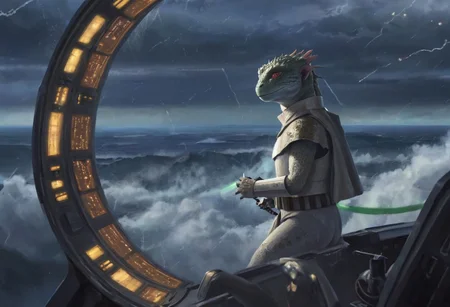 a (solo:1.5) black white lizard with (star wars armor:1.5) sword on belt (cockpit instruments view:1.5) inside star-wars style spaceship, (apocalyptic:1.5) fall fallen stars comets meteors burning planet, (ocean:0.5) (waves:0.5), in the middle of sea,
dawn, heavy rain, wind, windy, typhoon, hurricane, tropical storm, fog, mountain, sky, cloud, deluge, rainforest,
(anime:1.5) , anime screencap in mnst artstyle, full body character portrait landscape