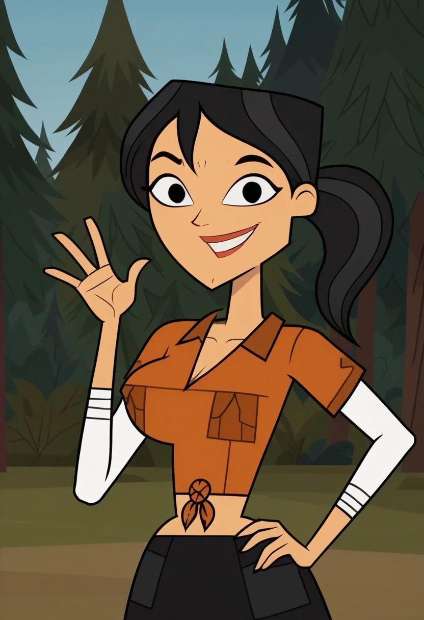 ((Forest background)),score_9, score_8_up, score_7_up,score_6_up,
1girl, solo, Kristal_DC, tan skin, black hair, hairstyle ponytail, dark brown eyes, orange button shirt with pockets, white long sleeves, uncovered navel, black medium skirt, tan pump-sandals, big eyes, tall stature, social smile, perfect eyes, perfect smile, looking at the viewer, big breasts, detailed eyes, perfect eyes, cute, standing, five fingers, perfect hands (front pose, bust shot, close up to face, face portrait:1) (hand on hip, hand up)