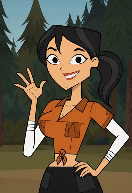((Forest background)),score_9, score_8_up, score_7_up,score_6_up, 
1girl, solo, Kristal_DC, tan skin, black hair, hairstyle ponytail, dark brown eyes, orange button shirt with pockets, white long sleeves, uncovered navel, black medium skirt, tan pump-sandals, big eyes, tall stature, social smile, perfect eyes, perfect smile, looking at the viewer, big breasts, detailed eyes, perfect eyes, cute, standing, five fingers, perfect hands (front pose, bust shot, close up to face, face portrait:1) (hand on hip, hand up)