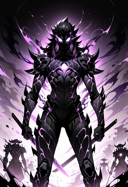 masterpiece, best quality,   zzShadowMagic, solo, looking at viewer, 1boy, standing, weapon, male focus, sword, spiked hair, glowing eyes, straight-on, black skin, holding, holding weapon, silhouette  ,<lora:ShadowMagic_NAI:1.0>,
