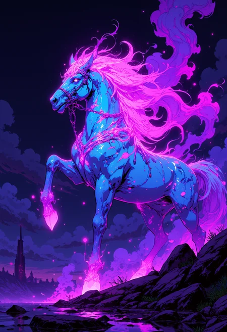 cinematic action scene, loose vector sketch of a grunge scene with ghostrider horse engulfed in violet flames and smoke as it rides, covered by void particles, chains, luxurious, flaming, glowing void particles, bioluminescent, bioluminiscent tattoos, moonshine, Dynamic, vibrant, action-packed, detailed design, style of Rafael Albuquerque, artstation, 8k, league of legends hero portrait style, arcane, ue5 render, cosmic background with swirling smoke elements and fire particles