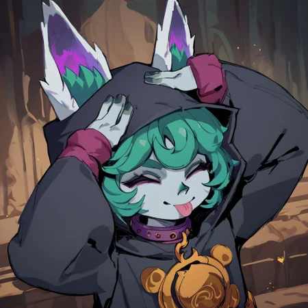 score_9, score_8_up, score_7_up, score_6_up, score_5_up, score_4_up, closed eyes, tongue out, hands on own head, smile, upper body, <lora:eto:1>   VexLoLXL, yordle, shortstack, pink eyes, green hair, bangs, short hair, grey skin, colored skin, black hood, hood up, ears through headwear, white animal ears, black shirt, purple collar, golden ornament, long sleeves, sleeves past wrists, purple pants, sandals