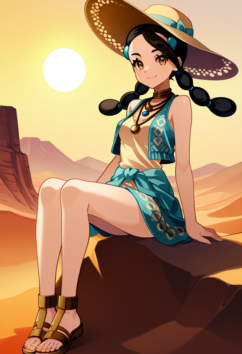 masterpiece, best quality, 1girl, solo, eyelashes, (beautiful eyes), narrow waist, smile,   zzCandice, brown eyes, hair ornament, twintails, C0utur3Cr4z3, 1girl, solo, boho-chic dress, crochet vest, leather sandals, layered necklaces, wide-brimmed hat, desert landscape, warm golden hour â Candice stands amidst a warm, golden desert landscape, the sun casting long shadows over her. She wears a flowing boho-chic dress layered with a crochet vest, paired with leather sandals that match her carefree spirit. Layered necklaces dangle around her neck, and a wide-brimmed hat sits atop her twintails. The soft glow of the golden hour enhances her earthy, free-spirited look, while the vast desert stretches behind her.     , <lora:CandicePokemon_NAI:1.0>,   <lora:CoutureCraze_IXL:0.8>,