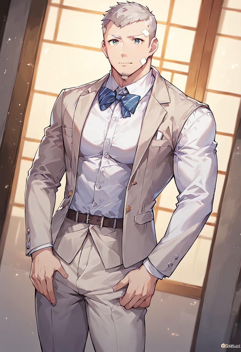 score_7, score_8, score_9, high quality, best quality, detail1eye, absurdres, mature male, 1male, solo, male focus, akihiko sanada, gray-ish hazel hair, gray eyes, goatee, bandaid on chin, bandaid on forehead, bara, muscular, large pectorals, black shirt, white jacket, long sleeves, formal costume, white suit, white pant, job, business, looking at viewer, anime