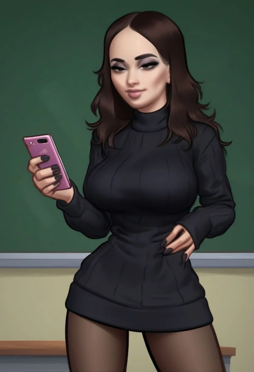 in a classroom, school background, standing up, classroom, (tiny waist, slim body:1.1), (large breasts:1.1), BREAK cute sexy woman, black stylish beautiful short bobbed wavy hair, goth girl, pale skin, black fingernails, BREAK, score_9, score_8_up, score_7_up, score_6_up, score_5_up, score_4_up, source_cartoon, BREAK (black oversized sweater top, baggy clothing), black leggings, half closed eyes, gloomy expression, closed mouth, wide shot, looking at phone, using phone