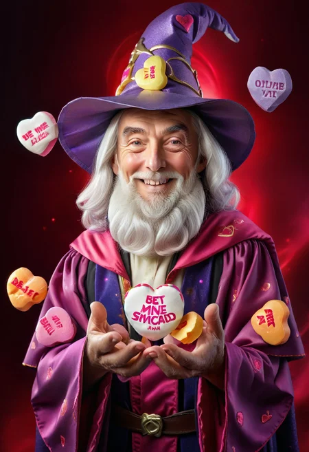 digital artwork, HDR, 8K, high contrast, masterpiece, best quality, amazing quality, very aesthetic, superabsurd res, high resolution, beautiful detailed eyes, detailed figure, volumetric lighting, dappled light, light particles, dramatic shadows, cinematic lighting, depth of field,ultra-detailed, absurdres, newest, impressive artwork, A wizard wearing pastel robes, holding black hole, holding swirling vortex of candy hearts, black hole made from candy hearts, magic, old man, old wizard, bearded wizard, merlin, smiling, eccentric candy maker, "Be Mine" text