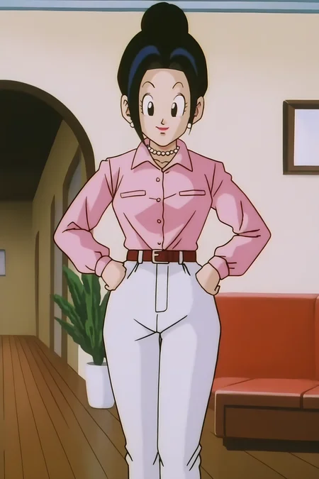 source_anime, score_9, score_8_up, score_7_up, anime screencap, absurdres,
chi-chi, DBZ, end of buu, 1990s \(style\), anime coloring, retro artstyle, 1girl, solo, black hair, earrings, belt, open collar, black eyes, pink shirt, hands on hips, white pants, pearl necklace, long sleeves, long sidelocks, looking at another, collared shirt, eyelashes
 <lora:chichi_v1:0.8>