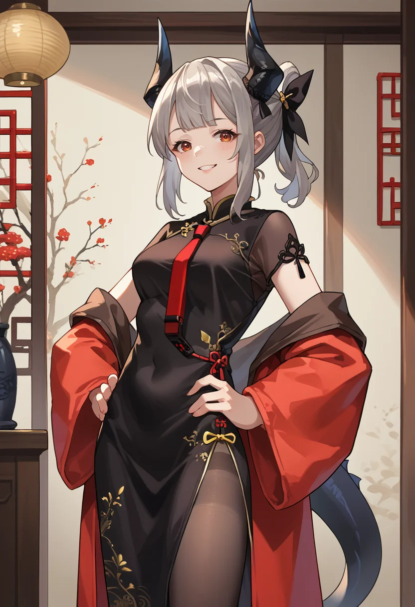 score_9, score_8_up, source_anime, 1girl, solo, LiskarmVouivre, horns, tail, short ponytail, hair bow, chinese clothes, black dress, red necktie, red jacket, off shoulder, black pantyhose, indoors, hands on hips, smile, <lora:ChamLiskarmPonyXL:1>